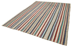 Chaput Kilim White Striped Cotton Wool Handmade Area Rug 7'4'' x 9'10''