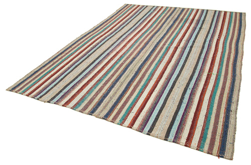 Chaput Kilim White Striped Cotton Wool Handmade Area Rug 7'4'' x 9'10''