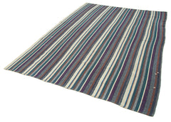 Chaput Kilim Purple Striped Cotton Wool Handmade Area Rug 6'3'' x 8'10''