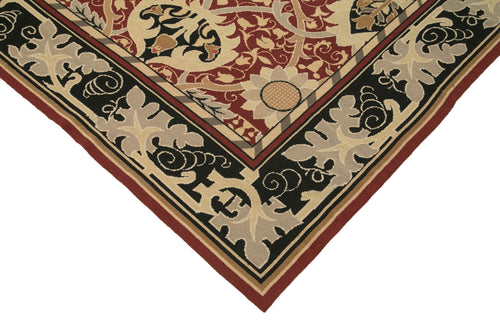 Needlepoint Floral Red Floral Cotton Wool Handmade Area Rug 9'1'' x 12'1''