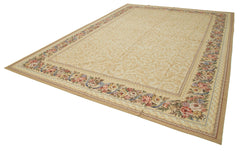 Needlepoint Floral Beige Floral Cotton Wool Handmade Area Rug 10'9'' x 14'7''