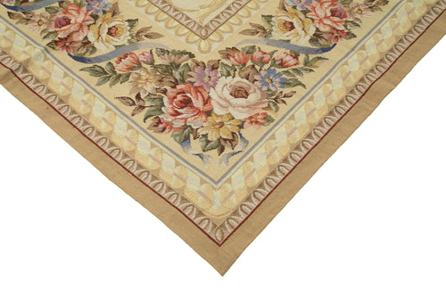 Needlepoint Floral Beige Floral Cotton Wool Handmade Area Rug 10'9'' x 14'7''