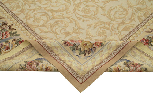 Needlepoint Floral Beige Floral Cotton Wool Handmade Area Rug 10'9'' x 14'7''