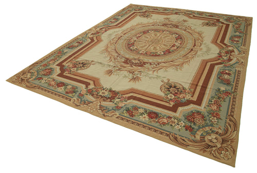 Needlepoint Floral Beige Floral Cotton Wool Handmade Area Rug 8'11'' x 11'10''