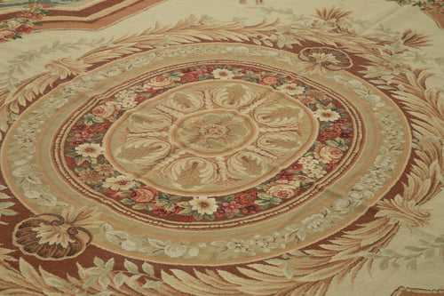 Needlepoint Floral Beige Floral Cotton Wool Handmade Area Rug 8'11'' x 11'10''