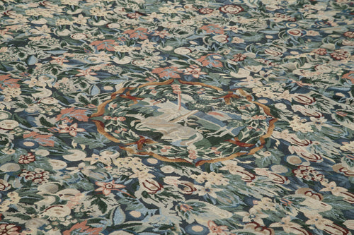 Needlepoint Floral Beige Floral Cotton Wool Handmade Area Rug 11'11'' x 14'8''