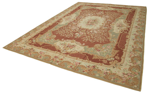 Needlepoint Floral Beige Floral Cotton Wool Handmade Area Rug 9'6'' x 13'5''