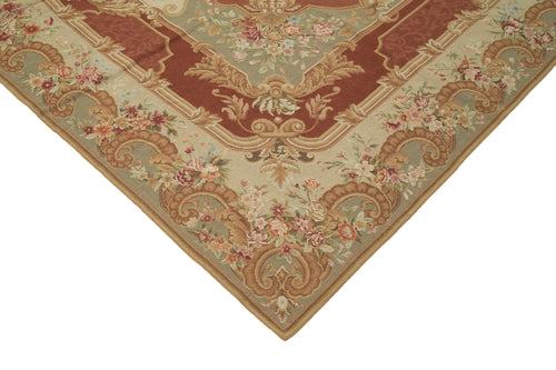 Needlepoint Floral Beige Floral Cotton Wool Handmade Area Rug 9'6'' x 13'5''