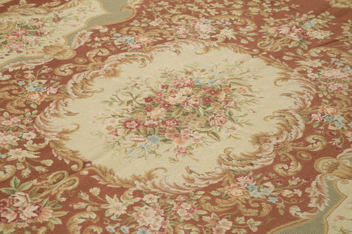 Needlepoint Floral Beige Floral Cotton Wool Handmade Area Rug 9'6'' x 13'5''