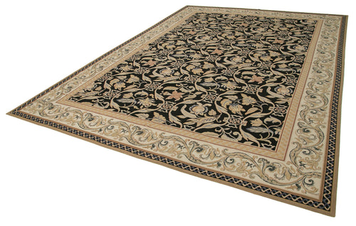 Needlepoint Floral Beige Floral Cotton Wool Handmade Area Rug 9'10'' x 13'9''