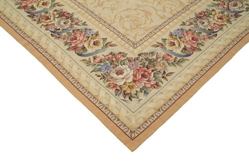 Needlepoint Floral Beige Floral Cotton Wool Handmade Area Rug 10'4'' x 14'7''