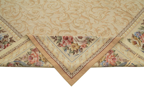 Needlepoint Floral Beige Floral Cotton Wool Handmade Area Rug 10'4'' x 14'7''