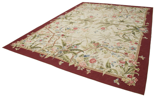 Needlepoint Floral Beige Floral Cotton Wool Handmade Area Rug 9'8'' x 13'11''