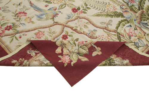 Needlepoint Floral Beige Floral Cotton Wool Handmade Area Rug 9'8'' x 13'11''