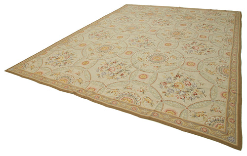 Needlepoint Floral Beige Floral Cotton Wool Handmade Area Rug 11'4'' x 14'9''