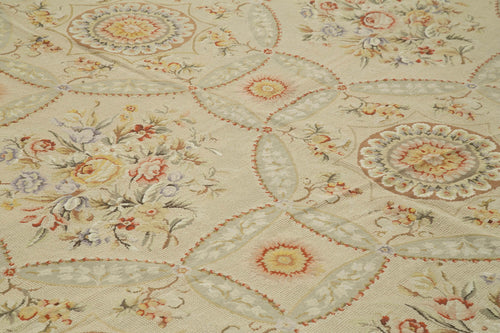 Needlepoint Floral Beige Floral Cotton Wool Handmade Area Rug 11'4'' x 14'9''