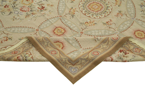 Needlepoint Floral Beige Floral Cotton Wool Handmade Area Rug 11'4'' x 14'9''