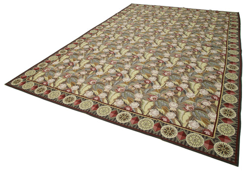 Needlepoint Floral Beige Floral Cotton Wool Handmade Area Rug 12'0'' x 17'11''