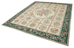 Needlepoint Floral Beige Floral Cotton Wool Handmade Area Rug 7'11'' x 9'10''
