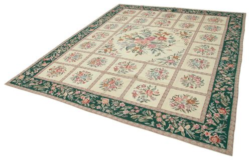 Needlepoint Floral Beige Floral Cotton Wool Handmade Area Rug 7'11'' x 9'10''