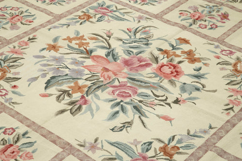 Needlepoint Floral Beige Floral Cotton Wool Handmade Area Rug 7'11'' x 9'10''