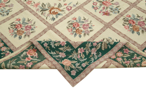 Needlepoint Floral Beige Floral Cotton Wool Handmade Area Rug 7'11'' x 9'10''