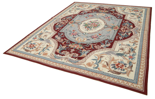 Needlepoint Floral Beige Floral Cotton Wool Handmade Area Rug 7'11'' x 9'10''