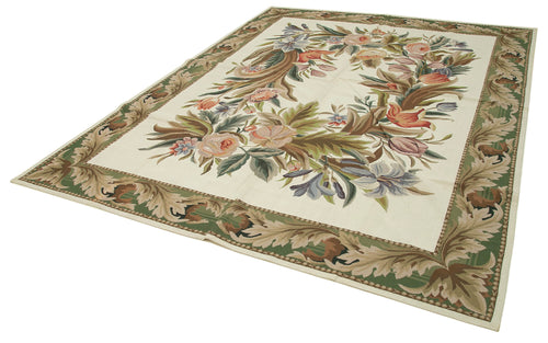 Needlepoint Floral Beige Floral Cotton Wool Handmade Area Rug 7'11'' x 10'0''