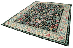 Needlepoint Floral Black Floral Cotton Wool Handmade Area Rug 7'9'' x 9'11''