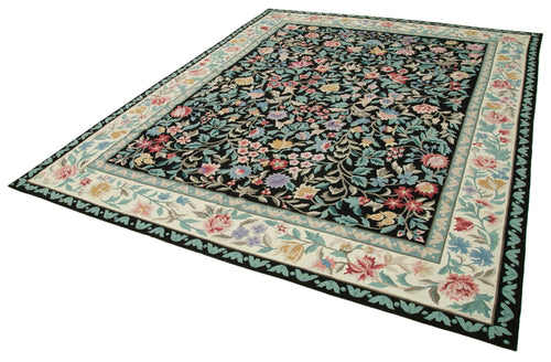 Needlepoint Floral Black Floral Cotton Wool Handmade Area Rug 7'9'' x 9'11''