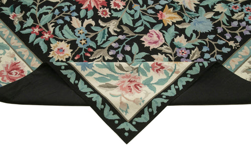 Needlepoint Floral Black Floral Cotton Wool Handmade Area Rug 7'9'' x 9'11''