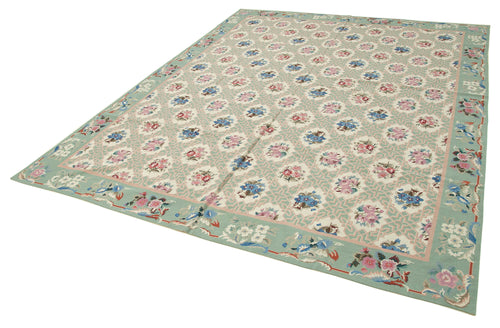 Needlepoint Floral Blue Floral Cotton Wool Handmade Area Rug 7'9'' x 9'11''