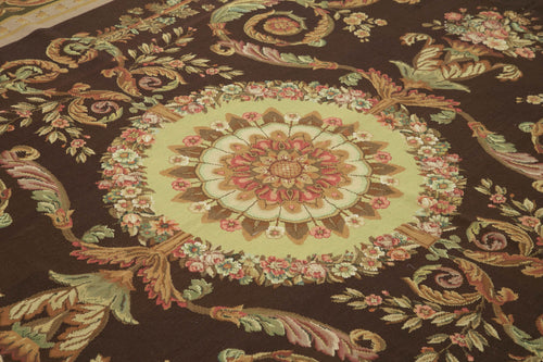 Needlepoint Floral Beige Floral Cotton Wool Handmade Area Rug 8'0'' x 10'0''