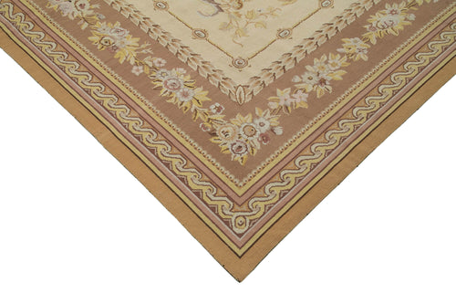 Needlepoint Floral Beige Floral Cotton Wool Handmade Area Rug 8'1'' x 9'11''