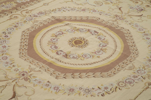 Needlepoint Floral Beige Floral Cotton Wool Handmade Area Rug 8'1'' x 9'11''