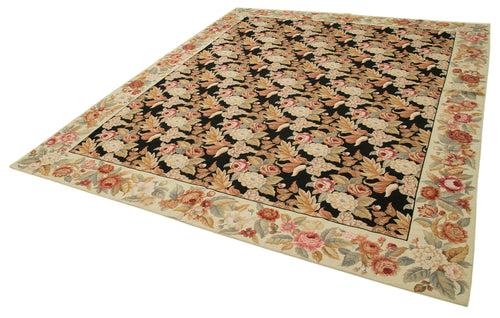Needlepoint Floral Beige Floral Cotton Wool Handmade Area Rug 8'0'' x 10'0''