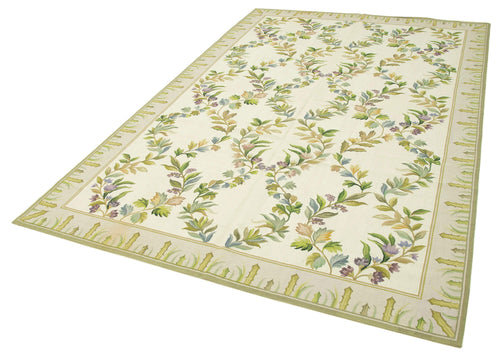 Needlepoint Floral Beige Floral Cotton Wool Handmade Area Rug 6'0'' x 9'1''