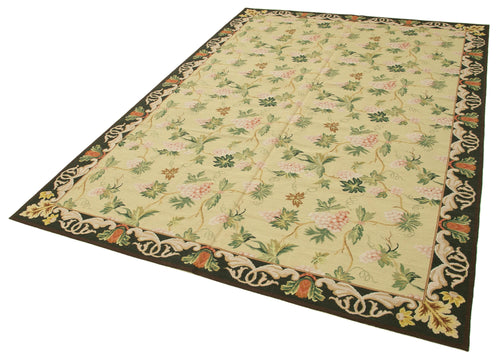 Needlepoint Floral Beige Floral Cotton Wool Handmade Area Rug 6'0'' x 8'10''