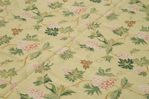 Needlepoint Floral Beige Floral Cotton Wool Handmade Area Rug 6'0'' x 8'10''