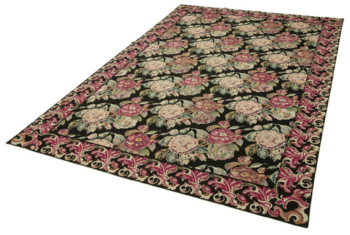 Needlepoint Floral Black Floral Cotton Wool Handmade Area Rug 5'10'' x 9'0''
