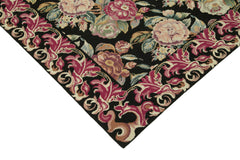 Needlepoint Floral Black Floral Cotton Wool Handmade Area Rug 5'10'' x 9'0''