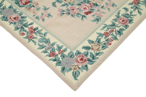 Needlepoint Floral Pink Floral Cotton Wool Handmade Area Rug 5'8'' x 8'4''