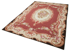 Needlepoint Floral Red Floral Cotton Wool Handmade Area Rug 5'10'' x 8'7''