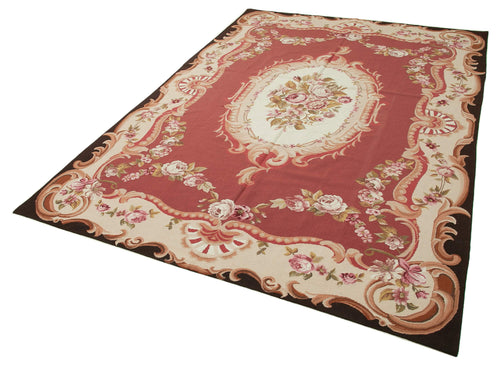 Needlepoint Floral Red Floral Cotton Wool Handmade Area Rug 5'10'' x 8'7''