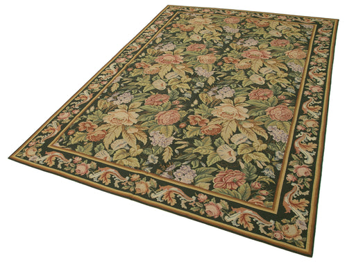 Needlepoint Floral Green Floral Cotton Wool Handmade Area Rug 5'7'' x 8'5''