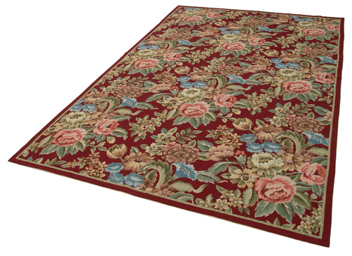 Needlepoint Floral Red Floral Cotton Wool Handmade Area Rug 5'10'' x 9'0''