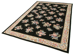 Needlepoint Floral Black Floral Cotton Wool Handmade Area Rug 5'11'' x 9'0''
