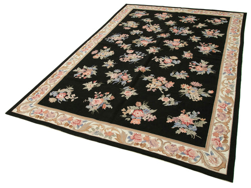 Needlepoint Floral Black Floral Cotton Wool Handmade Area Rug 5'11'' x 9'0''