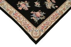 Needlepoint Floral Black Floral Cotton Wool Handmade Area Rug 5'11'' x 9'0''