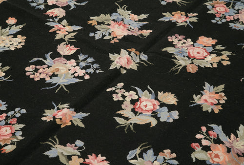 Needlepoint Floral Black Floral Cotton Wool Handmade Area Rug 5'11'' x 9'0''